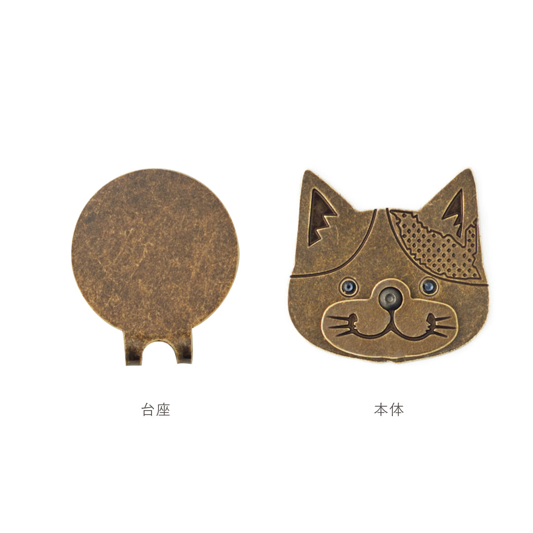 スマイルマーカー 三毛猫ドット｜口が動く！犬＆猫のかわいいゴルフマーカー【アンティーク風／可動ギミック／ギフト向け】