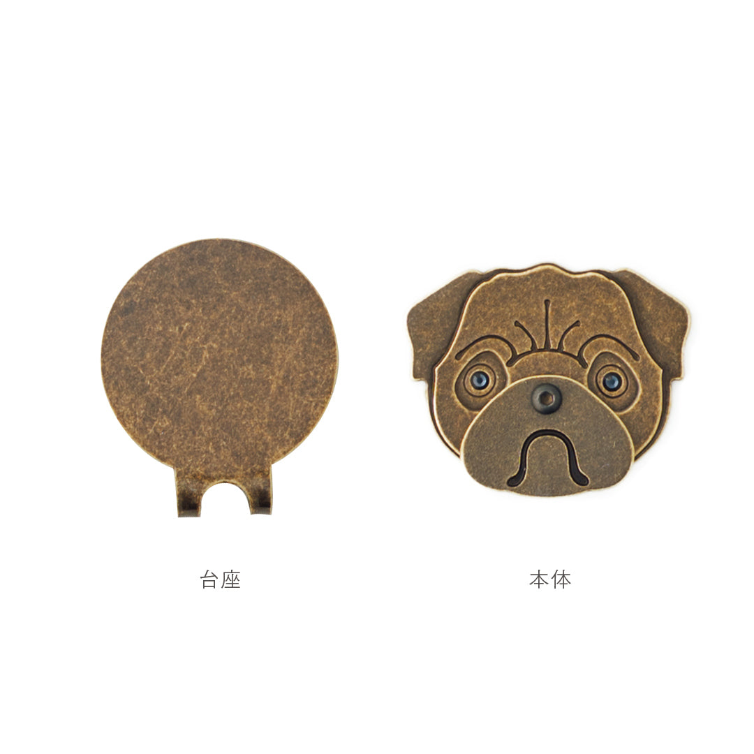スマイルマーカー パグ｜口が動く！犬＆猫のかわいいゴルフマーカー【アンティーク風／可動ギミック／ギフト向け】