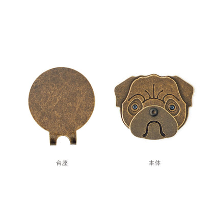 スマイルマーカー パグ｜口が動く！犬＆猫のかわいいゴルフマーカー【アンティーク風／可動ギミック／ギフト向け】